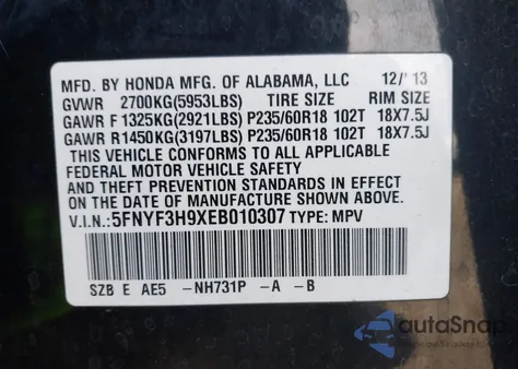 2014 Honda Pilot Touring из США, поврежденный, VIN 5FNYF3H9XEB010307